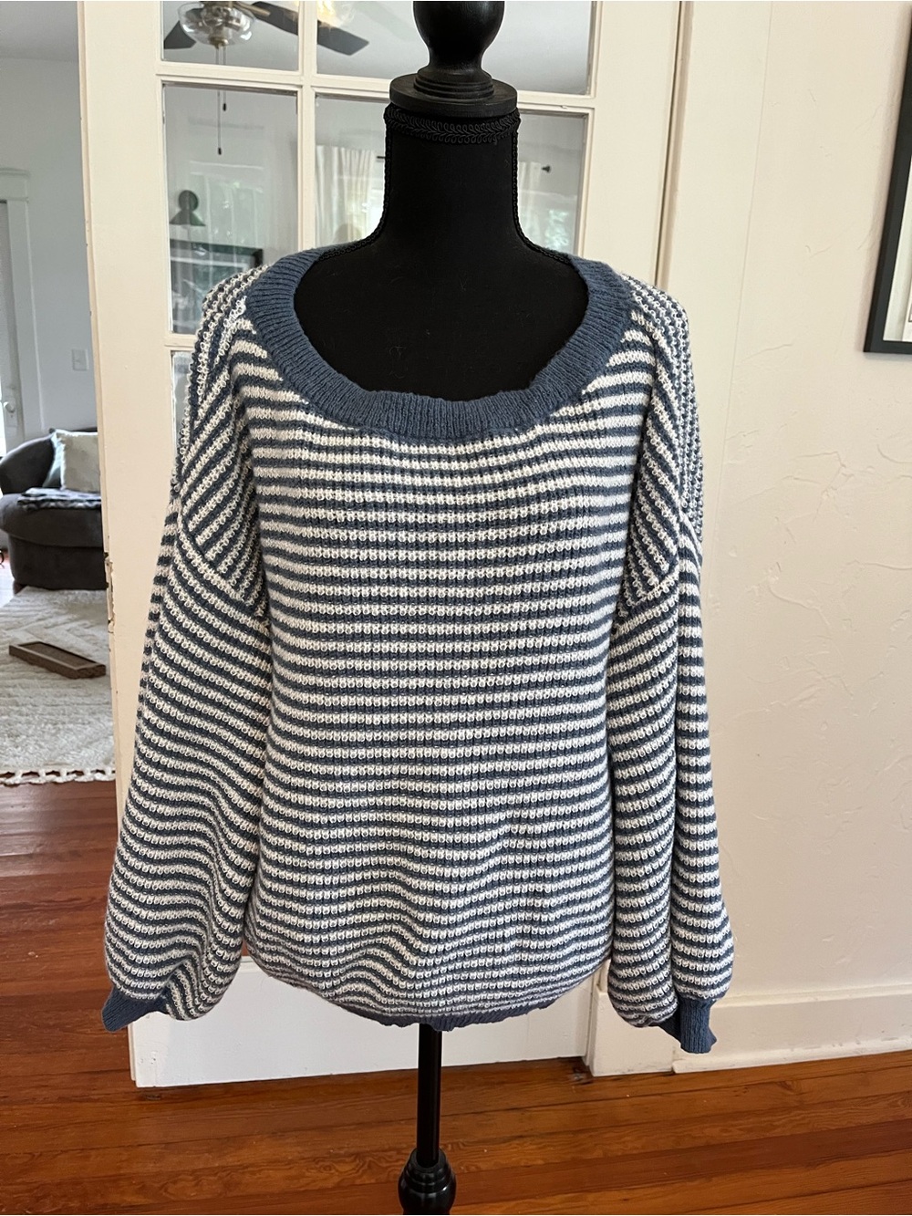 SHEIN Blue and White Striped Scoop-Neck Knit Sweater